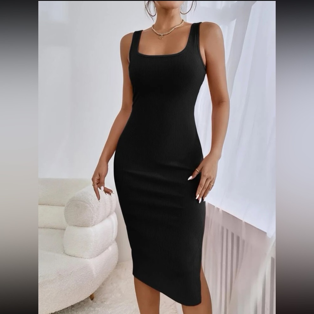 NWT SHEIN Essnce Ribbed Knit Split Thigh Tank Black Dress